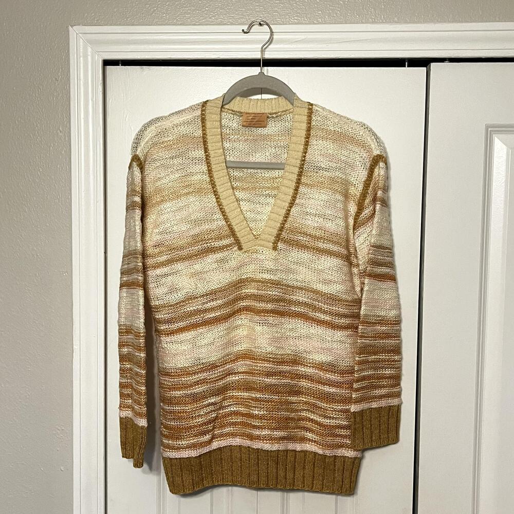 Striped Mohair Blend Sweater Women Vintage Grunge 70s Pullover Open Knit Beige